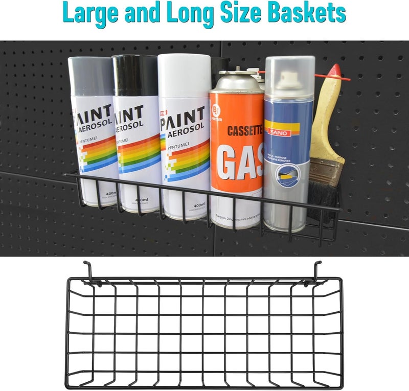 G.CORE Large Peg Board Baskets - 2 Pack Metal Shallow Tray Shelves for 1/4 Pegboards - Spray Bottle Holders Can Organizers for Garage Workbench Shop Hobby Craft Tool Organization (Black) - Image 4